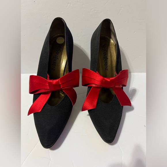 38 Yves Saint Laurent YSL Black Fabric /Leather Red Bow Pumps 8 •Vintage - Picture 11 of 15